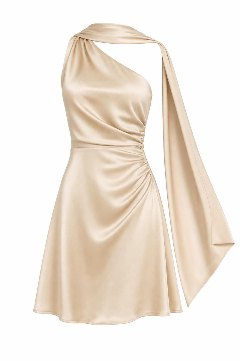 Draped Satin One-Shoulder Mini Dress by BelloMia, shown on a plain white background