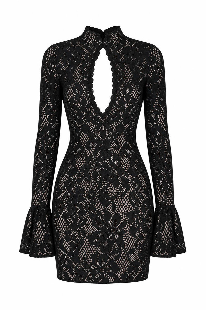 Lace Cutout Long Sleeve Mini Dress by BelloMia, shown on a plain white background