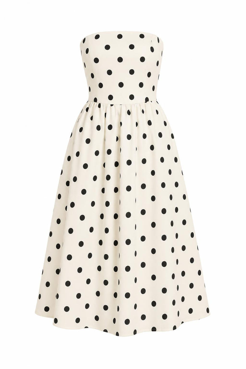 Polka Dot Strapless Midi Dress by BelloMia, shown on a plain white background