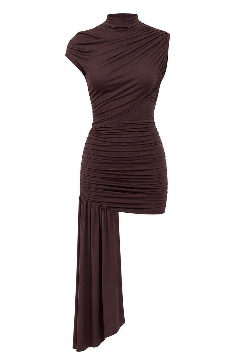 Ruched Asymmetrical Mock Neck Dress by BelloMia, shown on a plain white background